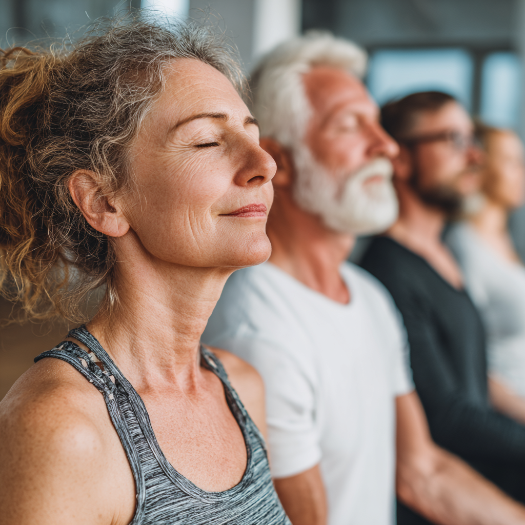 Mosolygós magyar felnőttek különböző korosztályokból csoportos edzésen vesznek részt egy modern fitnesz teremben