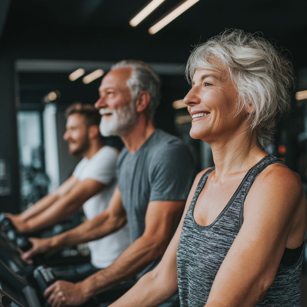 Különböző életkorú magyarok bemelegítő gyakorlatokat végeznek szabadban, parkos környezetben, mindannyian mosolygósan